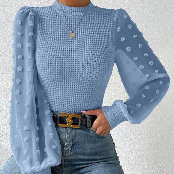 Blue Elegant Women's Swiss Dot Lantern Sleeve Mock Neck Tee - Picture 4 of 7